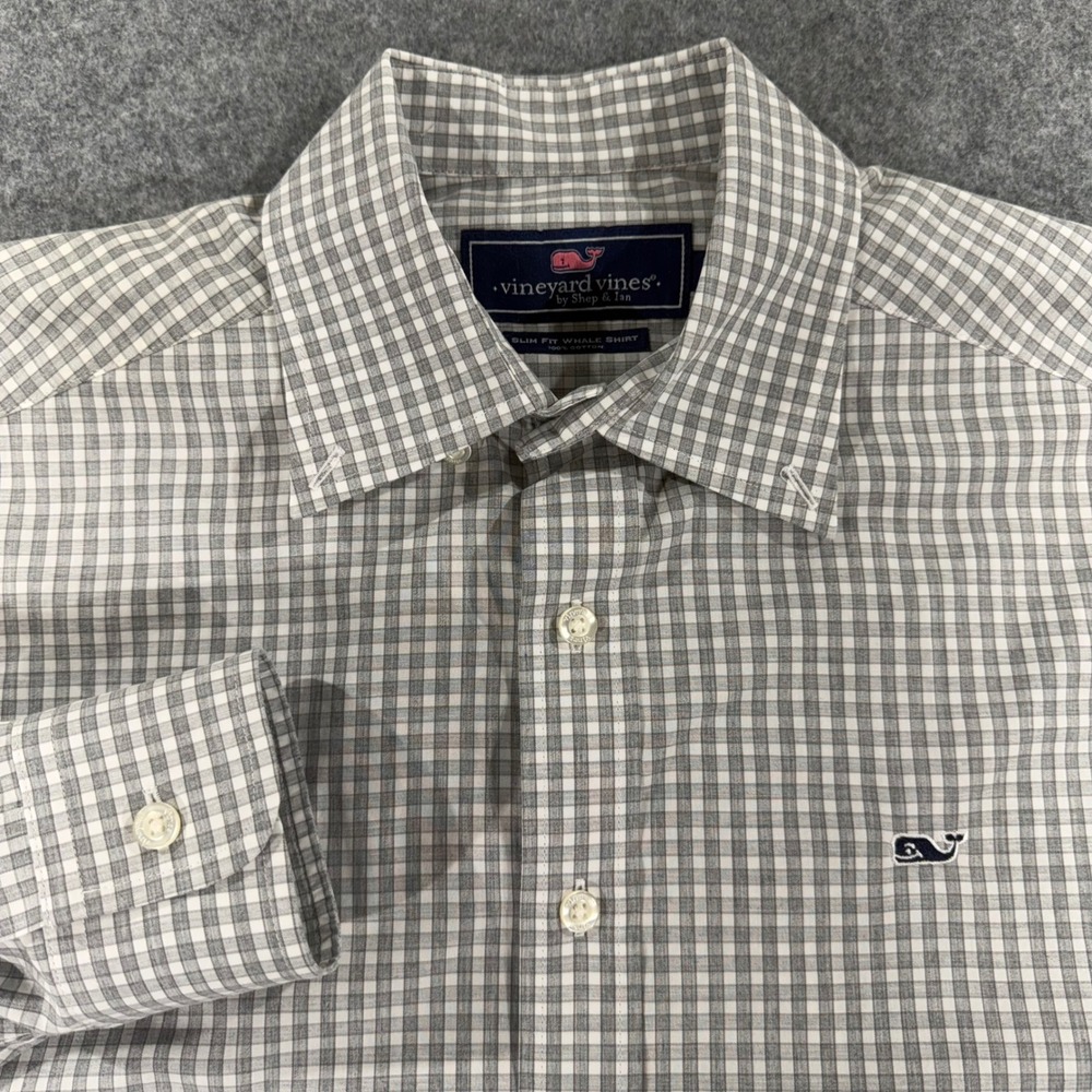Vineyard Vines Slim Fit Whale Shirt Mens Small Grey White Gingham Button Down